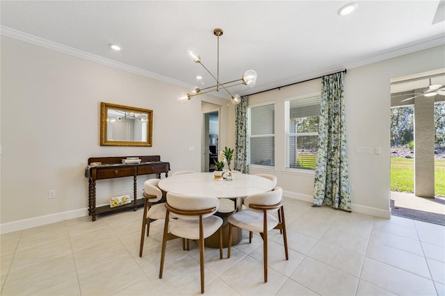 tiled dining area with crown molding and a notable chandelier