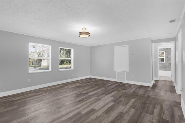 empty room featuring dark wood-type flooring, plenty of natural light, and a textured ceiling