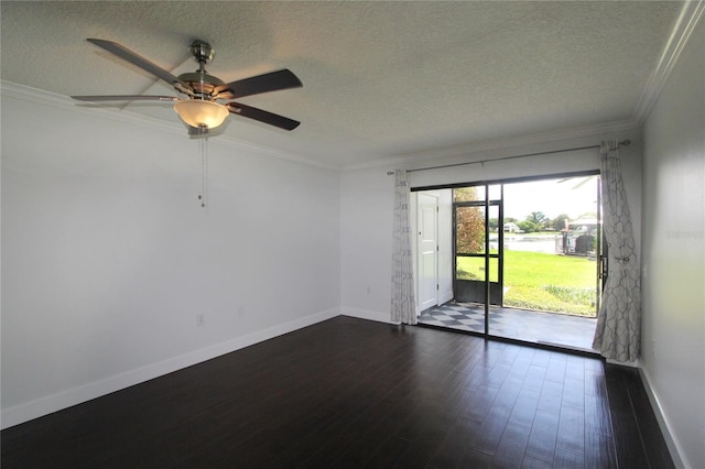 unfurnished room with ceiling fan, crown molding, dark hardwood / wood-style floors, and a textured ceiling