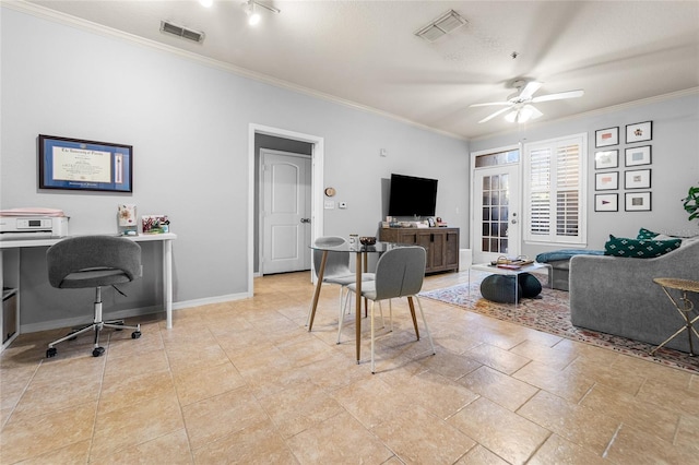 office space featuring ornamental molding and ceiling fan