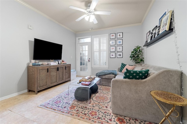 tiled living room with ceiling fan and ornamental molding