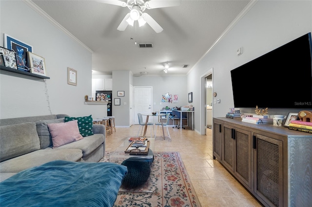 living room featuring crown molding and ceiling fan