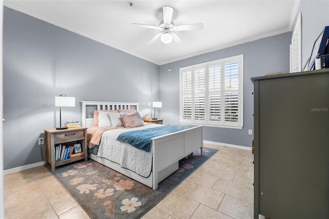 bedroom featuring ornamental molding and ceiling fan