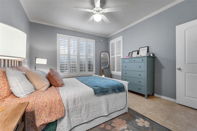 tiled bedroom with ornamental molding and ceiling fan