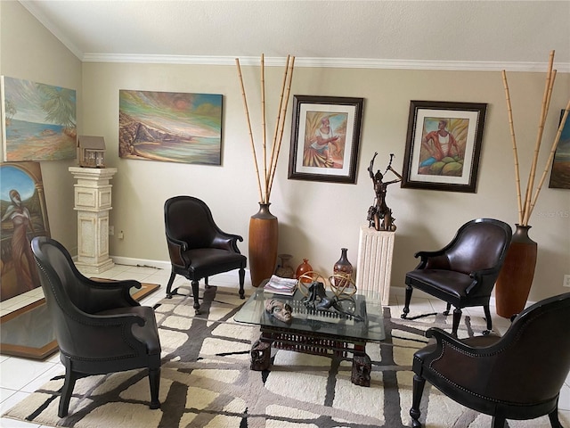 living area featuring crown molding and light tile patterned floors