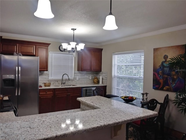 kitchen with a notable chandelier, ornamental molding, stainless steel refrigerator with ice dispenser, and a sink