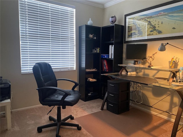 carpeted office featuring baseboards and ornamental molding