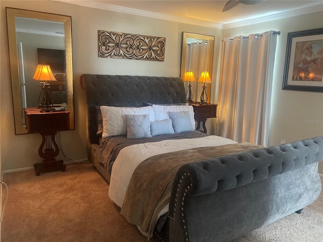 bedroom with carpet flooring, crown molding, and baseboards