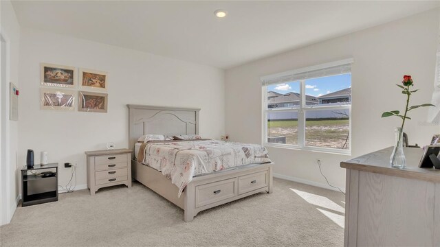 bedroom with light colored carpet