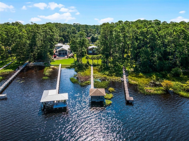 drone / aerial view featuring a water view