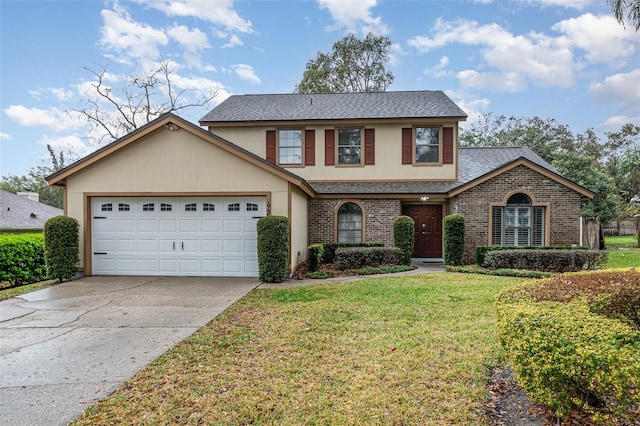 traditional-style home with brick siding, a shingled roof, concrete driveway, a front yard, and a garage