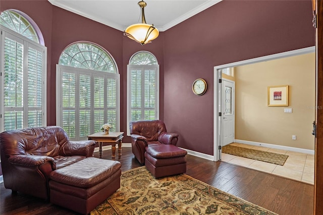 sitting room featuring ornamental molding, a healthy amount of sunlight, and dark hardwood / wood-style floors