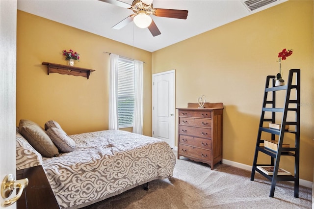 bedroom featuring carpet floors and ceiling fan