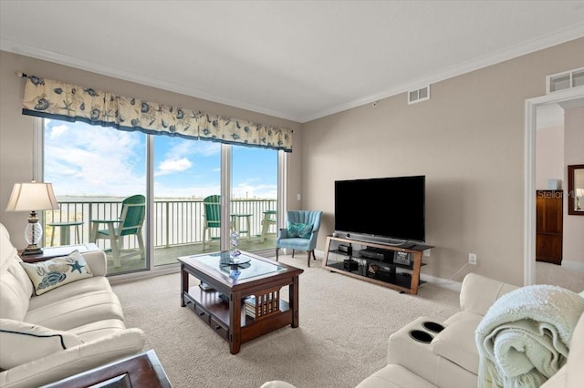 carpeted living room with crown molding