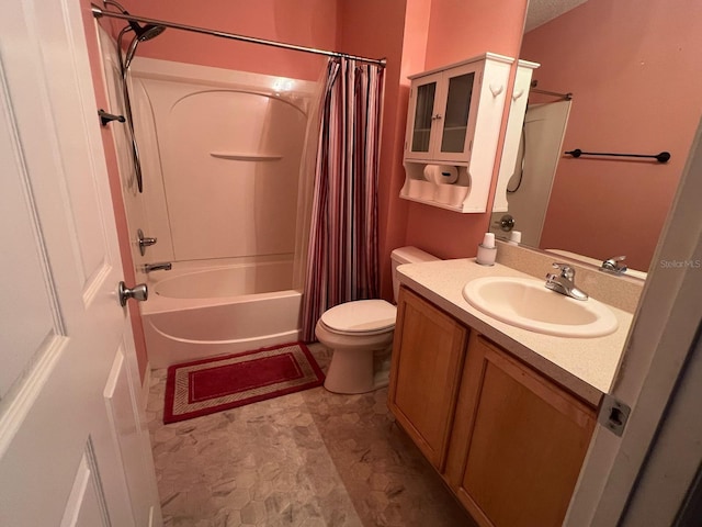 full bathroom featuring vanity, shower / bath combination with curtain, and toilet