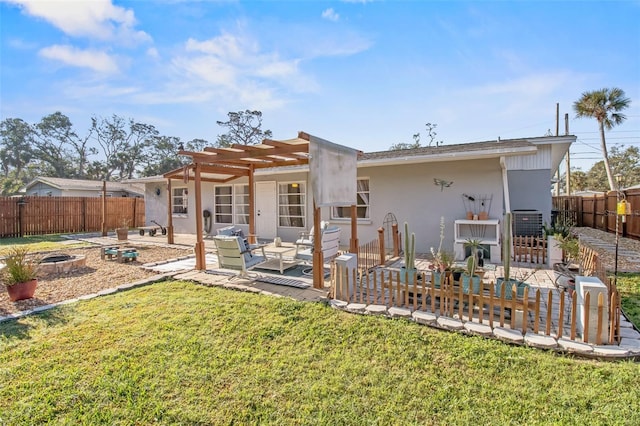 rear view of house featuring a yard, an outdoor hangout area, a pergola, and a patio