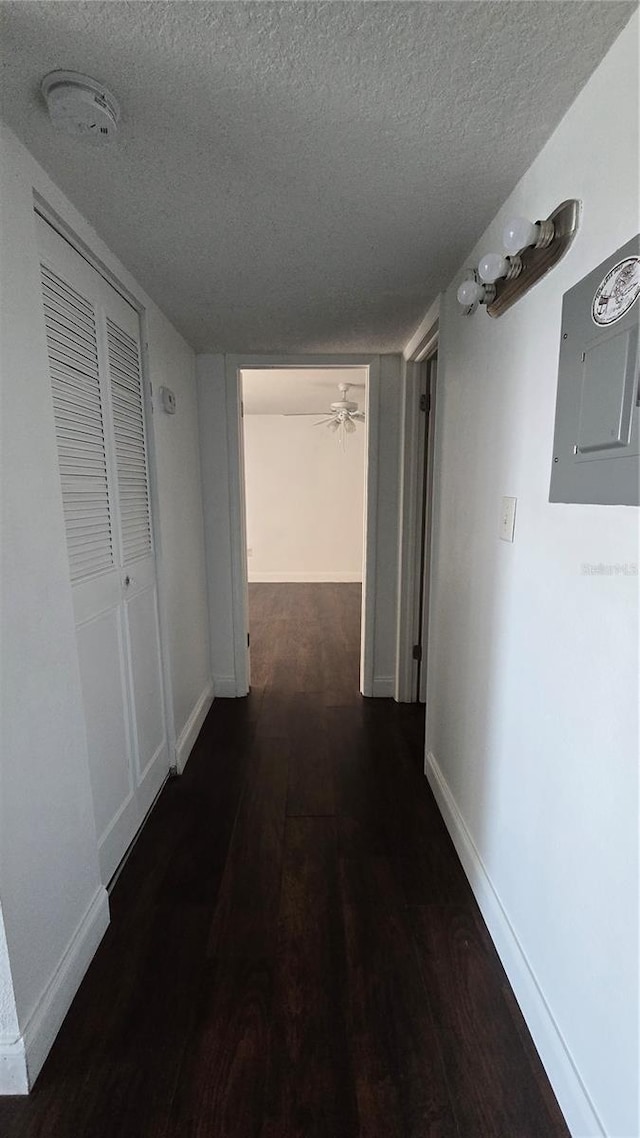 516 Orange Dr Unit 17, Altamonte Springs, FL 32701 - hall featuring a textured ceiling, electric panel, baseboards, and wood finished floors