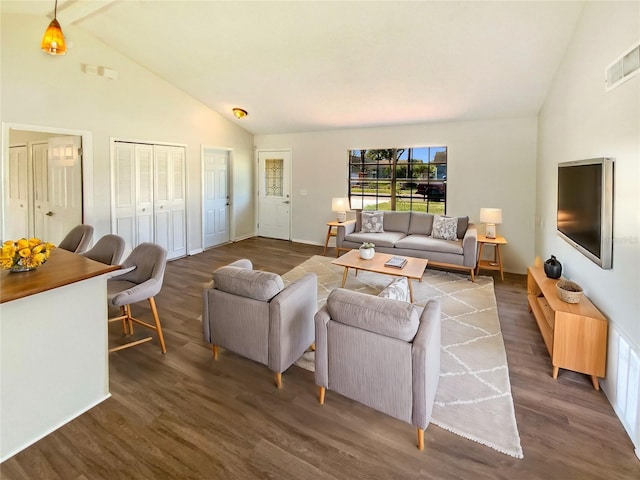 living room with dark hardwood / wood-style floors and high vaulted ceiling