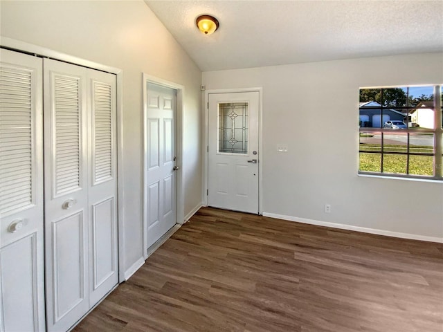 entrance foyer with dark hardwood / wood-style floors, vaulted ceiling, and a textured ceiling