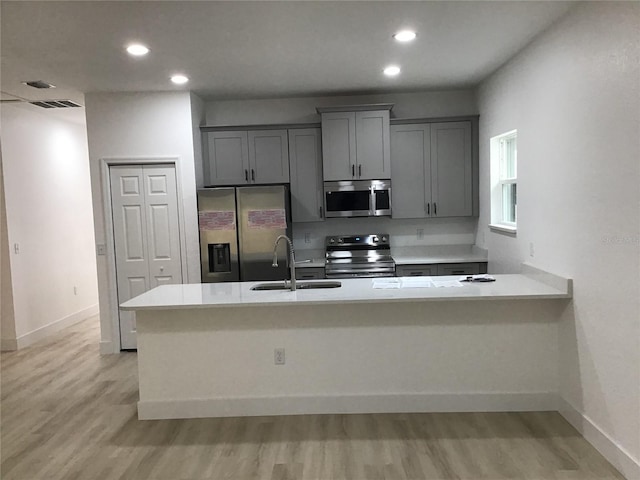 kitchen with sink, gray cabinetry, stainless steel appliances, light hardwood / wood-style floors, and kitchen peninsula