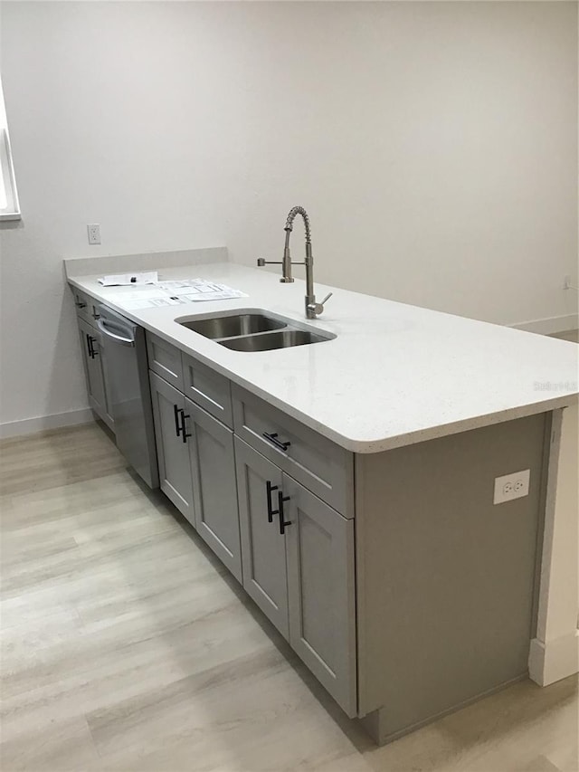 kitchen featuring sink, light hardwood / wood-style flooring, stainless steel dishwasher, gray cabinets, and kitchen peninsula