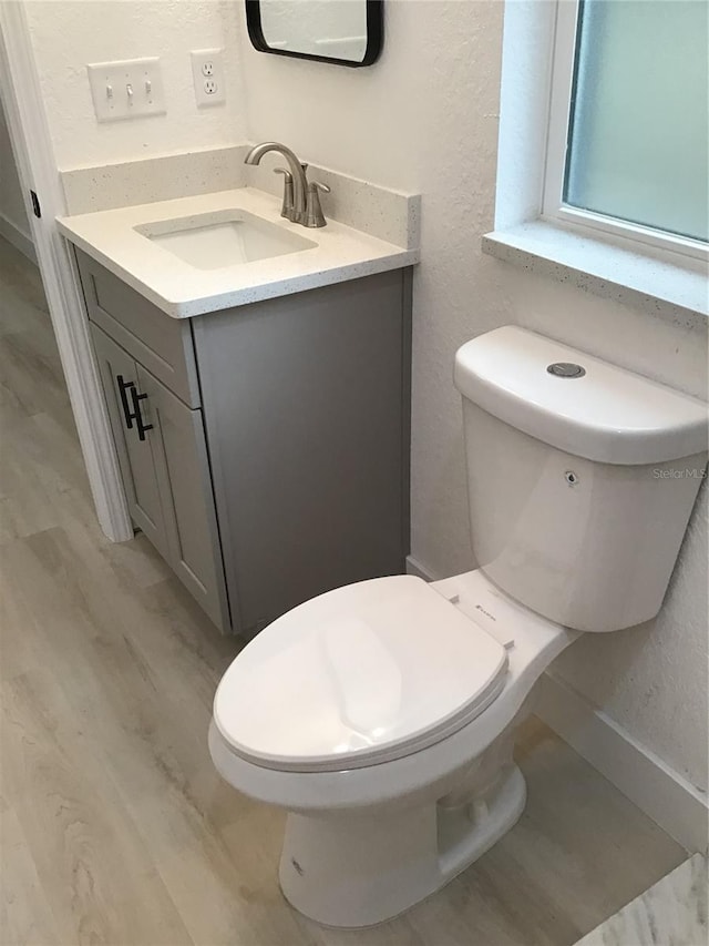 bathroom with vanity, wood-type flooring, and toilet