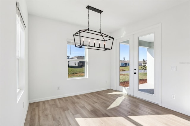 unfurnished dining area with plenty of natural light, baseboards, and wood finished floors