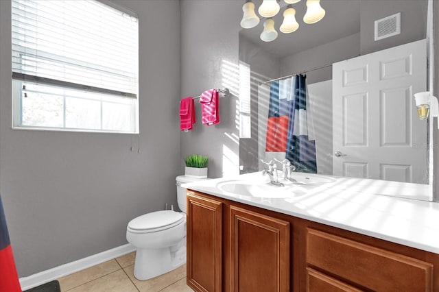 full bath featuring tile patterned flooring, toilet, a shower with shower curtain, vanity, and visible vents