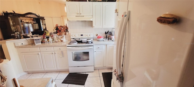 kitchen with white cabinetry, white electric range, tasteful backsplash, and light tile patterned floors