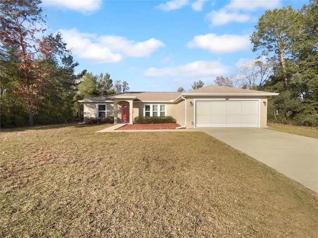 ranch-style home with a garage and a front yard