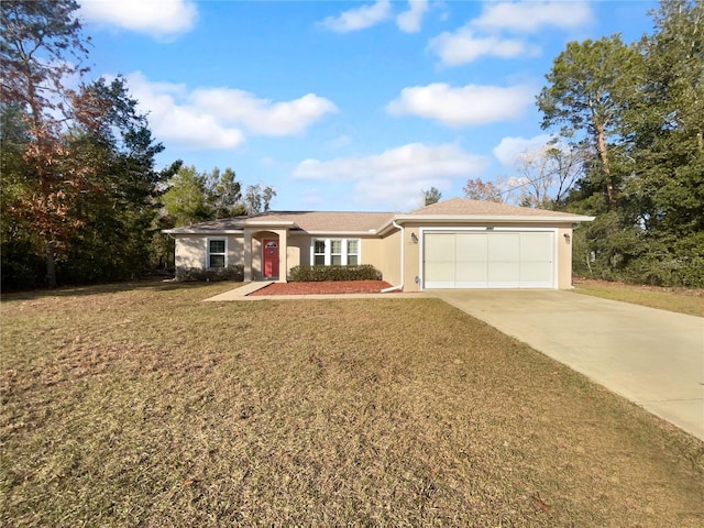 single story home with a garage and a front yard