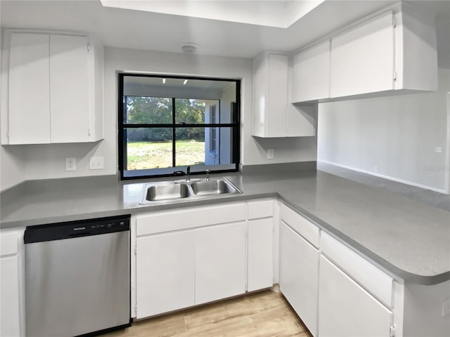 kitchen featuring white cabinets, light hardwood / wood-style flooring, sink, and dishwasher