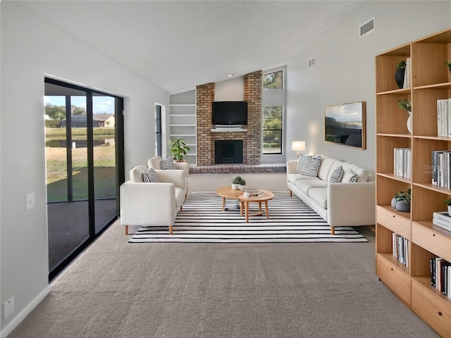 living room featuring built in features, carpet flooring, high vaulted ceiling, and a brick fireplace