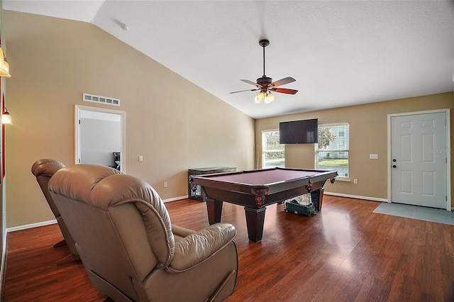 playroom with hardwood / wood-style flooring, billiards, ceiling fan, and high vaulted ceiling