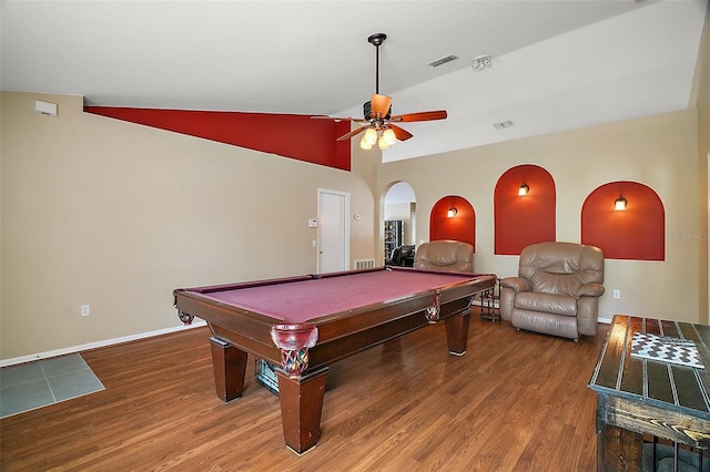 playroom featuring lofted ceiling, pool table, wood-type flooring, and ceiling fan