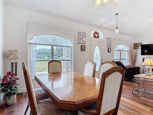 dining area featuring wood-type flooring, plenty of natural light, and ceiling fan