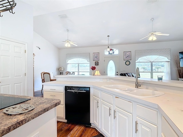 kitchen featuring sink, white cabinets, ceiling fan, and black appliances