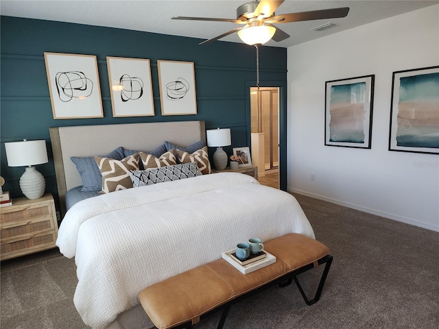 bedroom featuring carpet, visible vents, ceiling fan, and baseboards