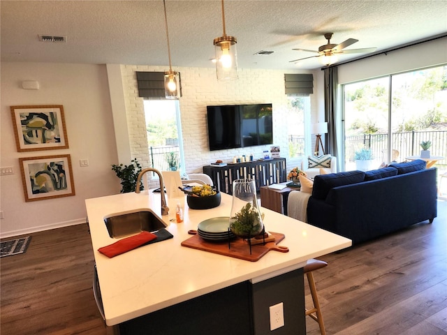 kitchen featuring a sink, visible vents, open floor plan, light countertops, and dark wood-style floors