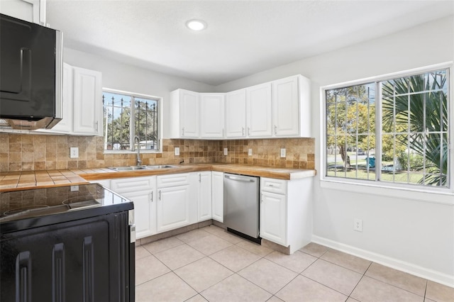 kitchen with tasteful backsplash, black electric range oven, stainless steel dishwasher, and white cabinets