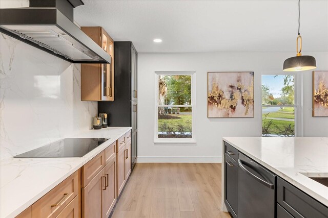 kitchen with dishwasher, glass insert cabinets, hanging light fixtures, black electric cooktop, and ventilation hood