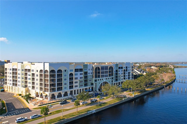 aerial view featuring a water view