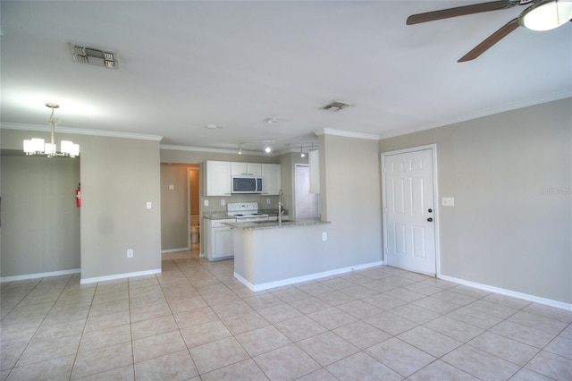 kitchen featuring crown molding, white cabinetry, white electric range oven, light stone countertops, and kitchen peninsula