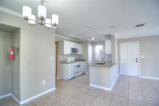 kitchen featuring sink, white appliances, white cabinets, decorative light fixtures, and kitchen peninsula