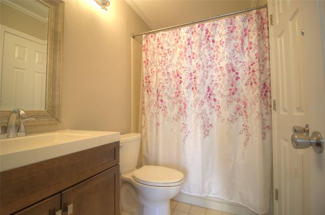 full bath featuring toilet, vanity, tile patterned floors, and a shower with shower curtain
