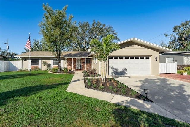 ranch-style house featuring driveway, an attached garage, fence, a front lawn, and brick siding