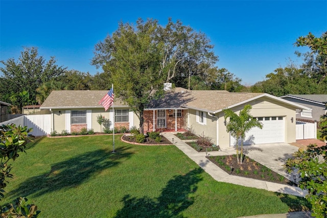 single story home featuring a garage, fence, concrete driveway, and a front yard