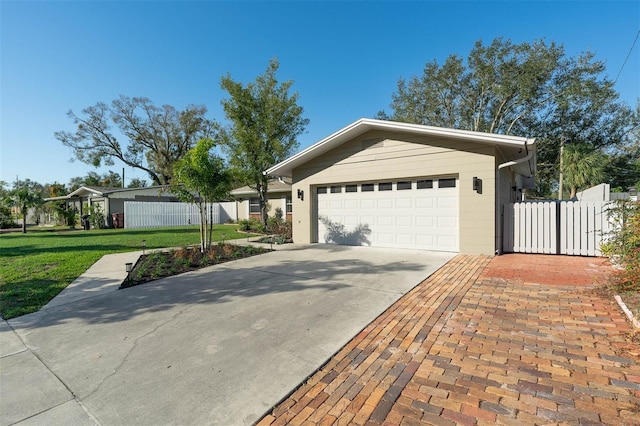 single story home with driveway, an attached garage, fence, and a front yard