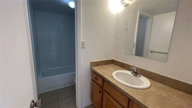 bathroom featuring tiled shower / bath combo, vanity, and tile patterned floors