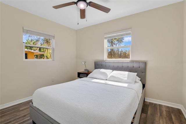 bedroom with multiple windows, dark hardwood / wood-style floors, and ceiling fan